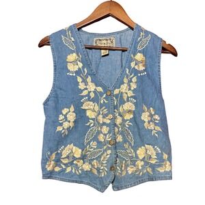 VTG Tantrum Blues Women Small Embroidered Denim Vest Blue Floral Boho Cotton